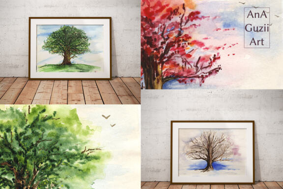 Digital wall art poster, Illustration.  Trees 4 the seasons.
