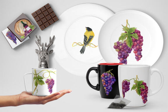 Grapes and wine watercolor clipart