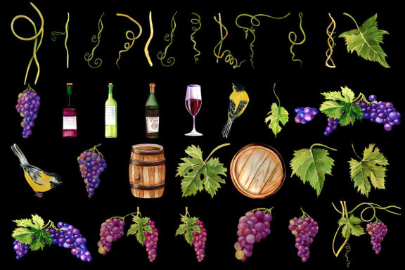 Grapes and wine watercolor clipart