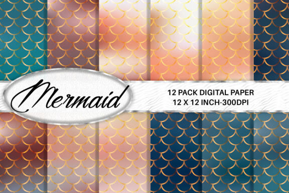 Digital paper gold mermaid scales texture with gradient color background