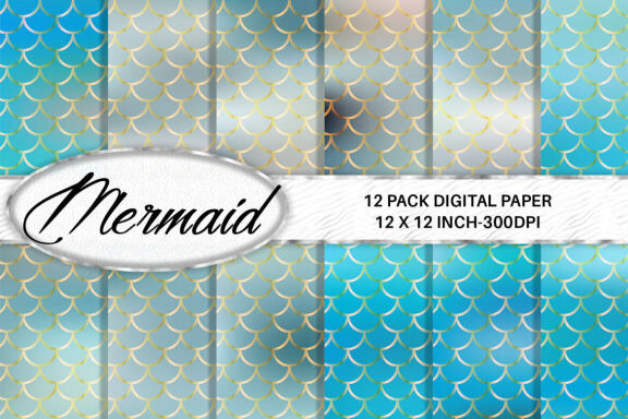 Digital paper gold mermaid scales texture with gradient blue sea color background