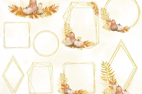 Watercolor and Gold Autumn frames clipart 