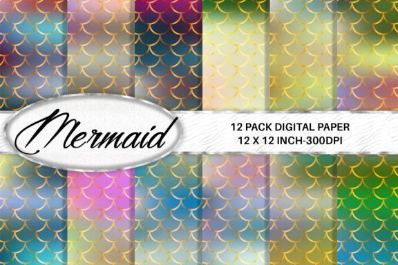 Digital paper gold mermaid scales texture with gradient colorful background