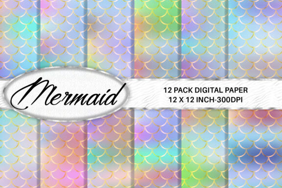 Digital paper gold mermaid scales pattern with gradient iridescent color background