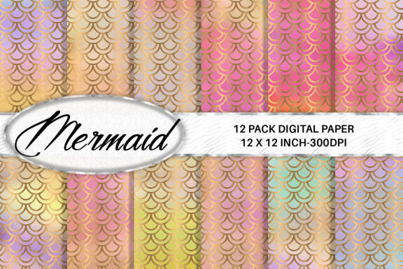 Digital paper gold mermaid scales pattern with gradient colorful background