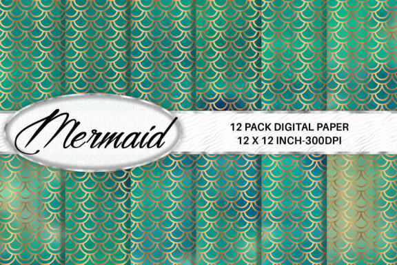 Digital paper gold mermaid scales pattern with gradient green color background