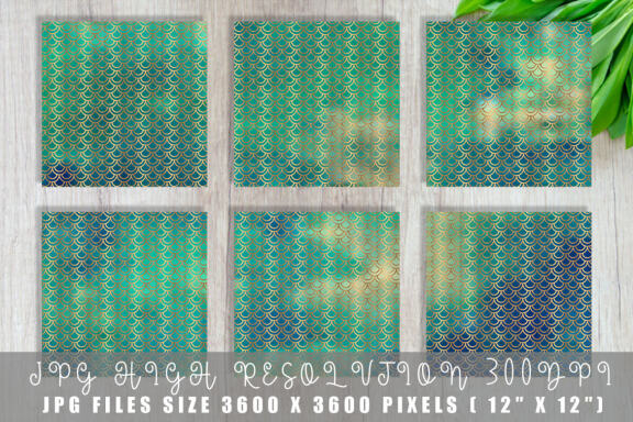 Digital paper gold mermaid scales pattern with gradient green color background