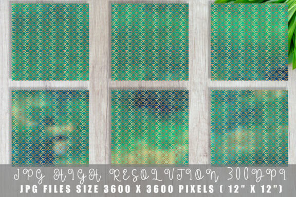 Digital paper gold mermaid scales pattern with gradient green color background