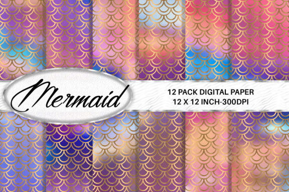 Digital paper gold mermaid scales pattern with gradient color background