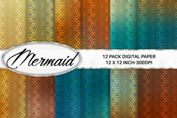 Digital paper gold mermaid scales pattern with gradient rust color background