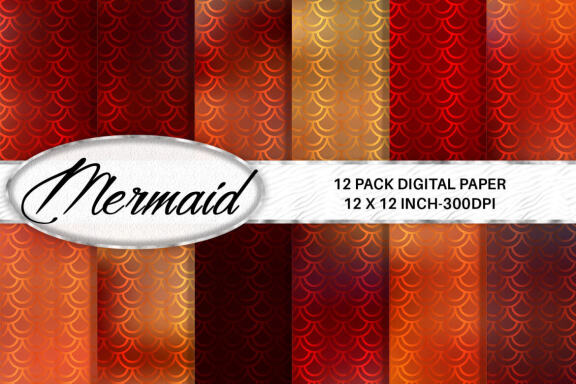 Digital paper gold mermaid scales pattern with gradient maroon color background