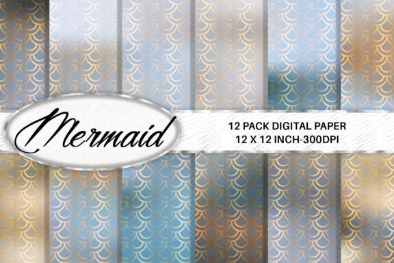 Digital paper gold mermaid scales pattern with gradient color background