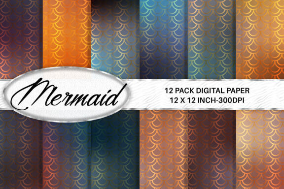 Digital paper gold mermaid scales pattern with gradient dark color background