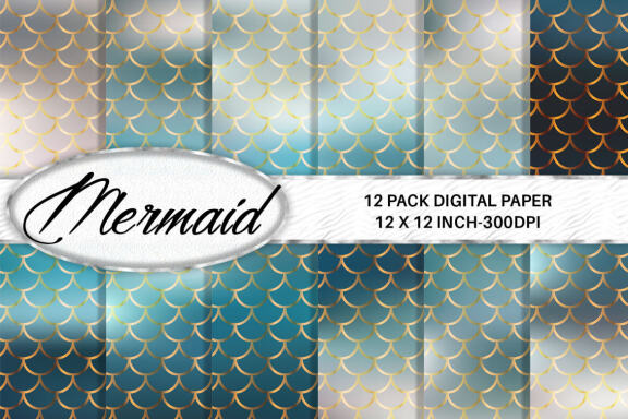 Digital paper gold mermaid scales pattern with gradient color background
