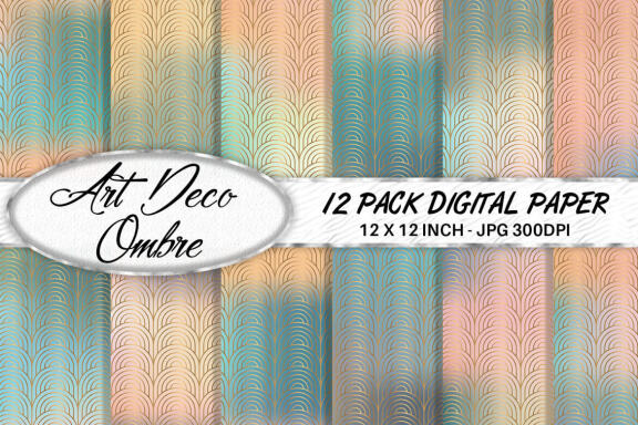 Digital paper Art deco pattern with gradient turquoise color background