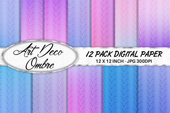 Digital paper Art deco pattern with gradient blue pink color background
