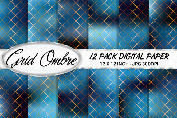 Digital paper gold grid pattern with gradient blue color background