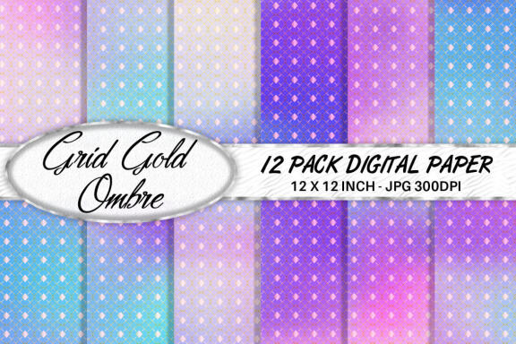 Digital paper gold grid pattern with gradient unicorn color background
