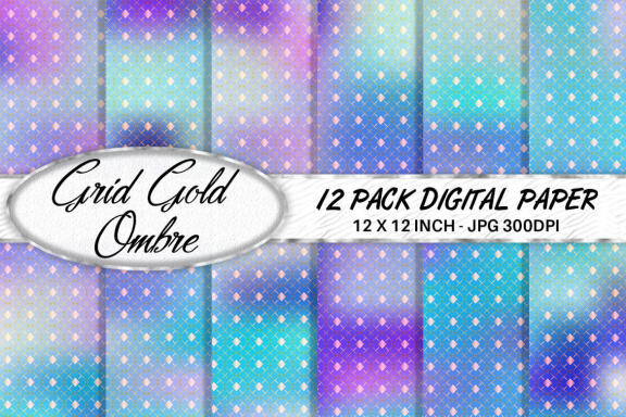 Digital paper gold grid pattern with gradient unicorn color background