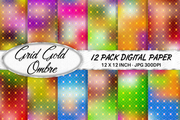 Digital paper gold grid pattern with gradient bright color background