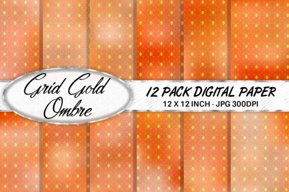 Digital paper gold grid pattern with gradient orange color background
