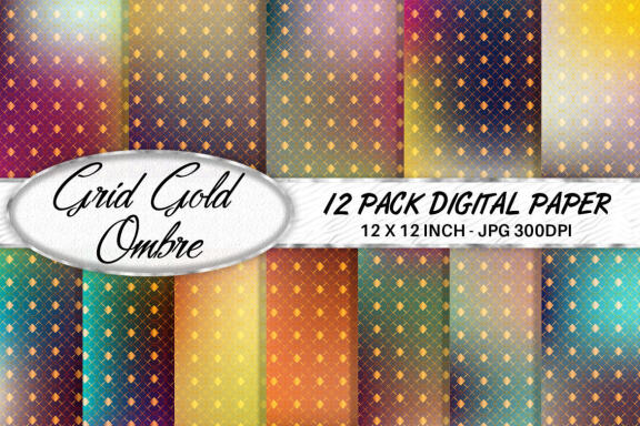 Digital paper gold grid pattern with gradient dark colorful background