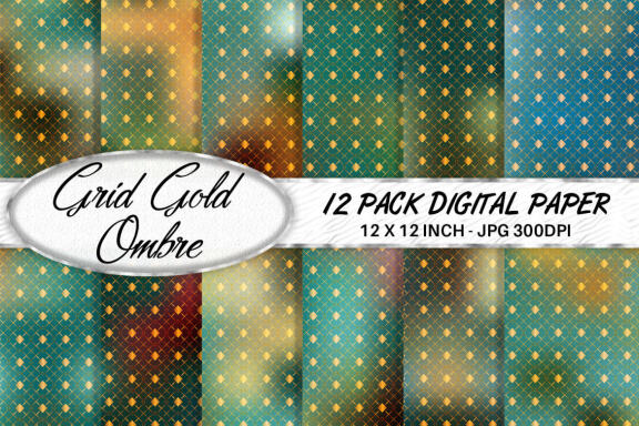 Digital paper gold grid pattern with gradient green color background