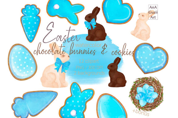 Watercolor Spring Easter Cookie Clipart. Easter Chocolate Bunny, Sweets.