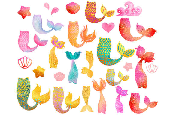 Watercolor mermaid tail clipart
