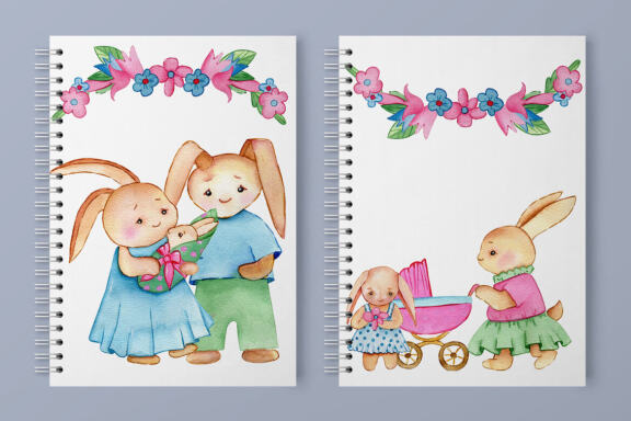 Bunny and Mom watercolor clipart set