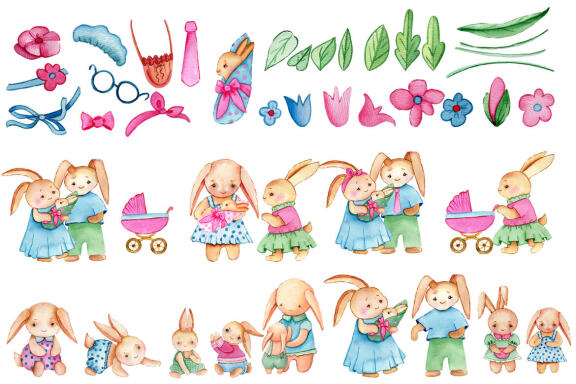 Bunny and Mom watercolor clipart set