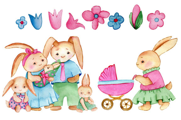 Bunny and Mom watercolor clipart set