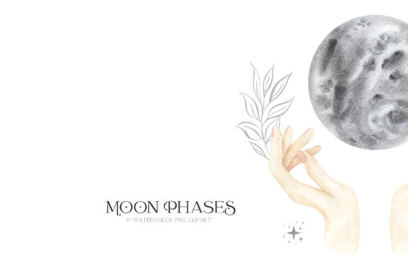 Moon Lunar Phases Clip art. Watercolor astrology clipart PNG