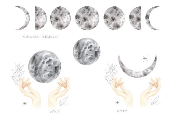 Moon Lunar Phases Clip art. Watercolor astrology clipart PNG