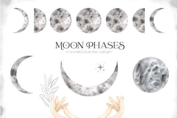 Moon Lunar Phases Clip art. Watercolor astrology clipart PNG