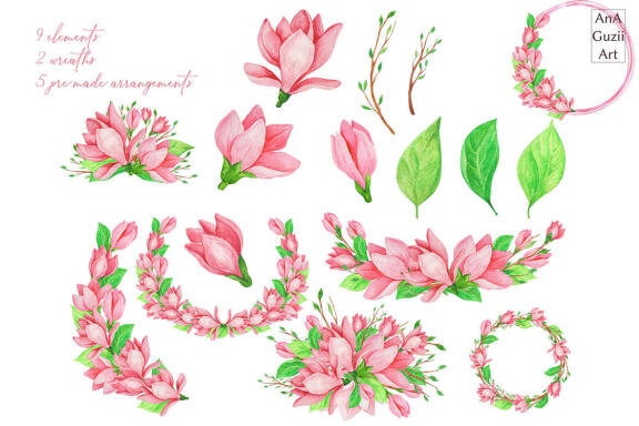 Watercolor Pink magnolias clipart, Flower Bouquets clip art.