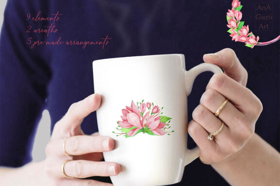 Watercolor Pink magnolias clipart, Flower Bouquets clip art.