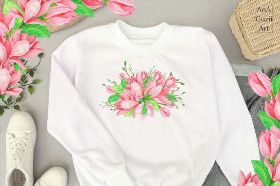 Watercolor Pink magnolias clipart, Flower Bouquets clip art.