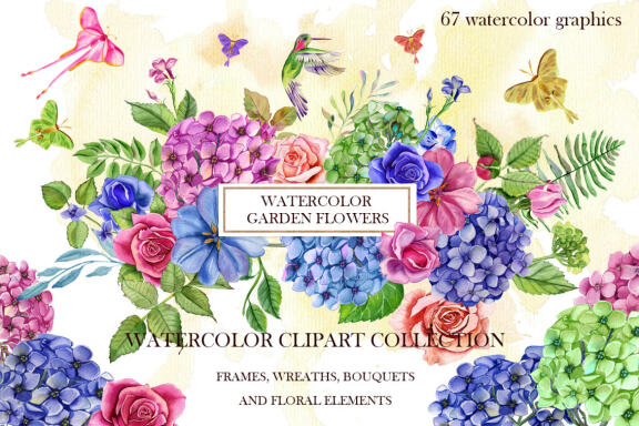 Watercolor garden flowers, hydrangea, roses, tulips