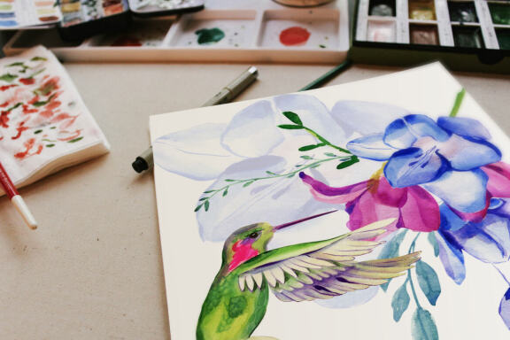 Watercolor garden flowers, hydrangea, roses, tulips