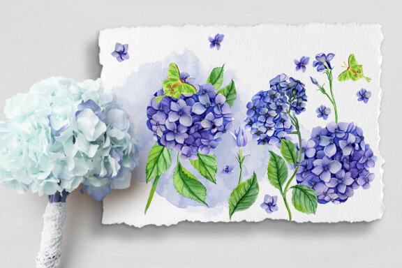 Watercolor garden flowers, hydrangea, roses, tulips