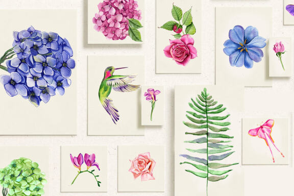 Watercolor garden flowers, hydrangea, roses, tulips