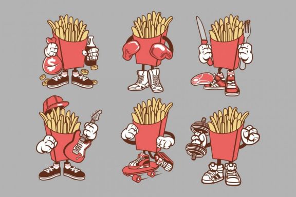 6 French Fries Cartoon Character