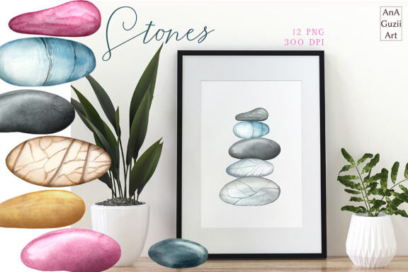 Watercolor stones clipart