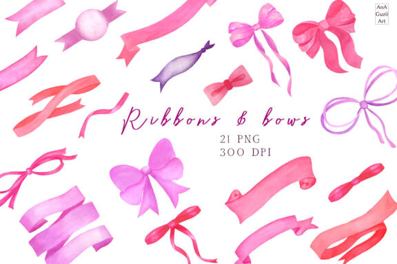 Watercolor pink ribbon and bows clipart.