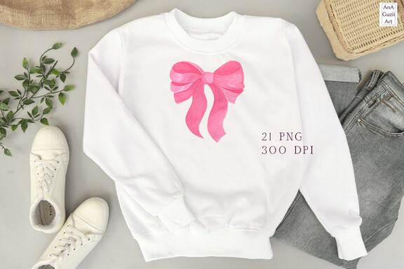 Watercolor pink ribbon and bows clipart.