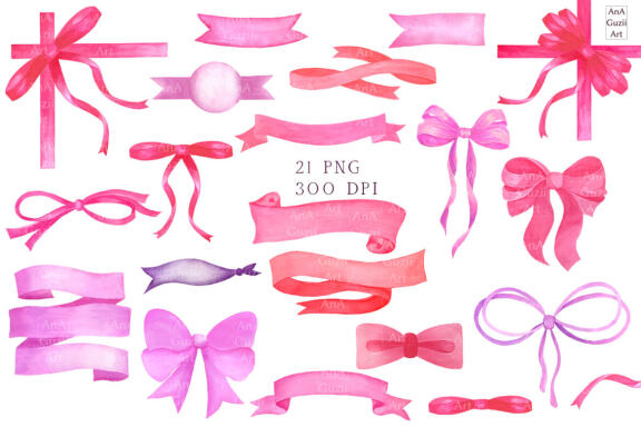 Watercolor pink ribbon and bows clipart.