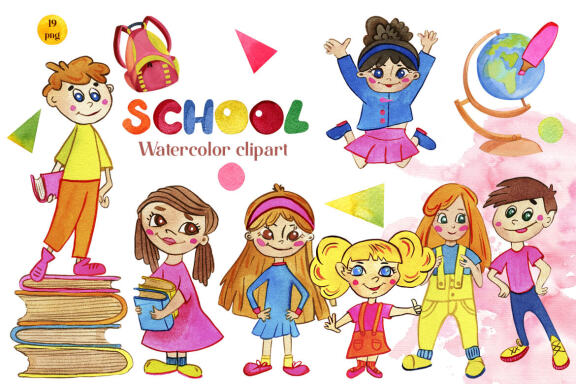 Watercolor back to school clip art, children boys and girls