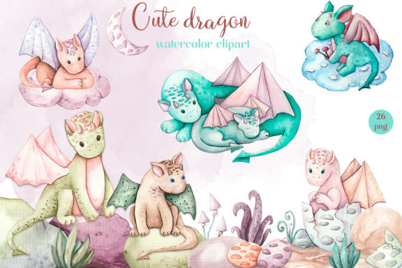 Dragons watercolor clipart - Sublimation designs