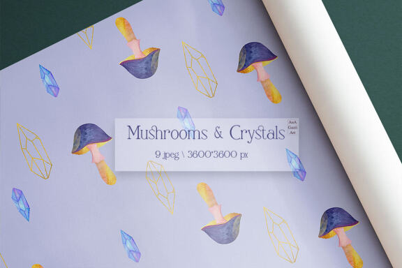 Watercolor Magic Mushroom Crystal seamless pattern.